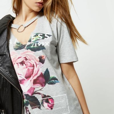 Grey rose print choker ring jumbo T-shirt